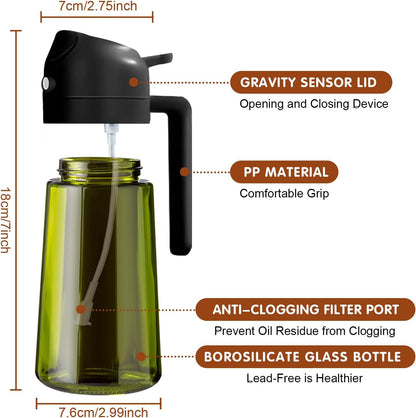 16Oz/470Ml Light-Blocking Dark Oil Sprayer for Cooking, 2 in 1 Olive Oil Dispenser Bottle for Kitchen, Premium Dark Green Glass Oil Bottle, Food-Grade Oil Mister for Air Fryer, BBQ (Black)