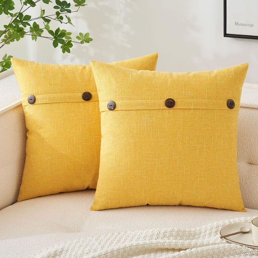 Set of 2 Decorative Linen Pillow Covers Farmhouse Vintage with Triple Button Accent Pillows for Couch Sofa Bed Living Room Home Decor 18X18 Inch Bright Yellow