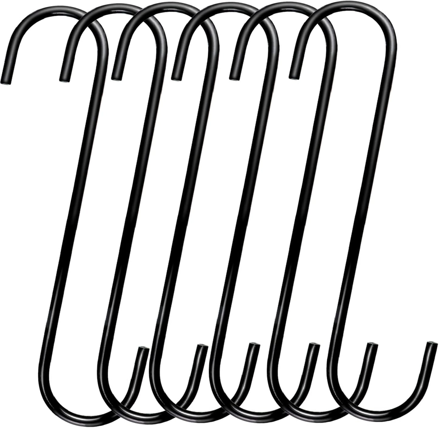8-Inch Heavy-Duty S Hooks, 6-Pack Extra Large Metal S-Shaped Hooks for Outdoor Plant Hanging, Closet Organization, Flower Baskets, Patio Use, Bird Feeders, Bird Houses, and Kitchen Pots and Pans (Black)