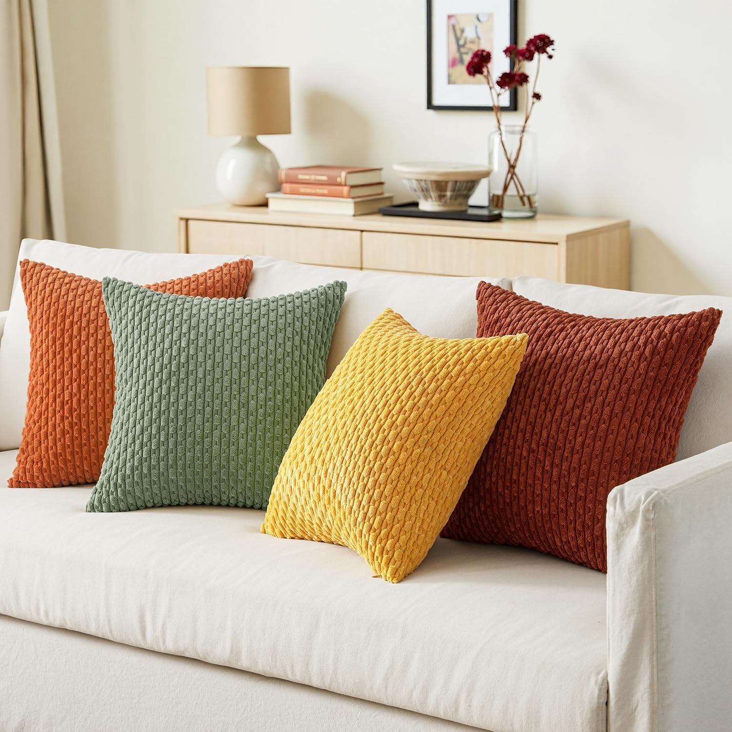 Set of 4 Fall Burnt Orange Corduroy Throw Pillow Covers - Boho Striped Decorative Cushion Cases for Couch, Bed, and Sofa - 18x18 Inch Farmhouse Home Decor