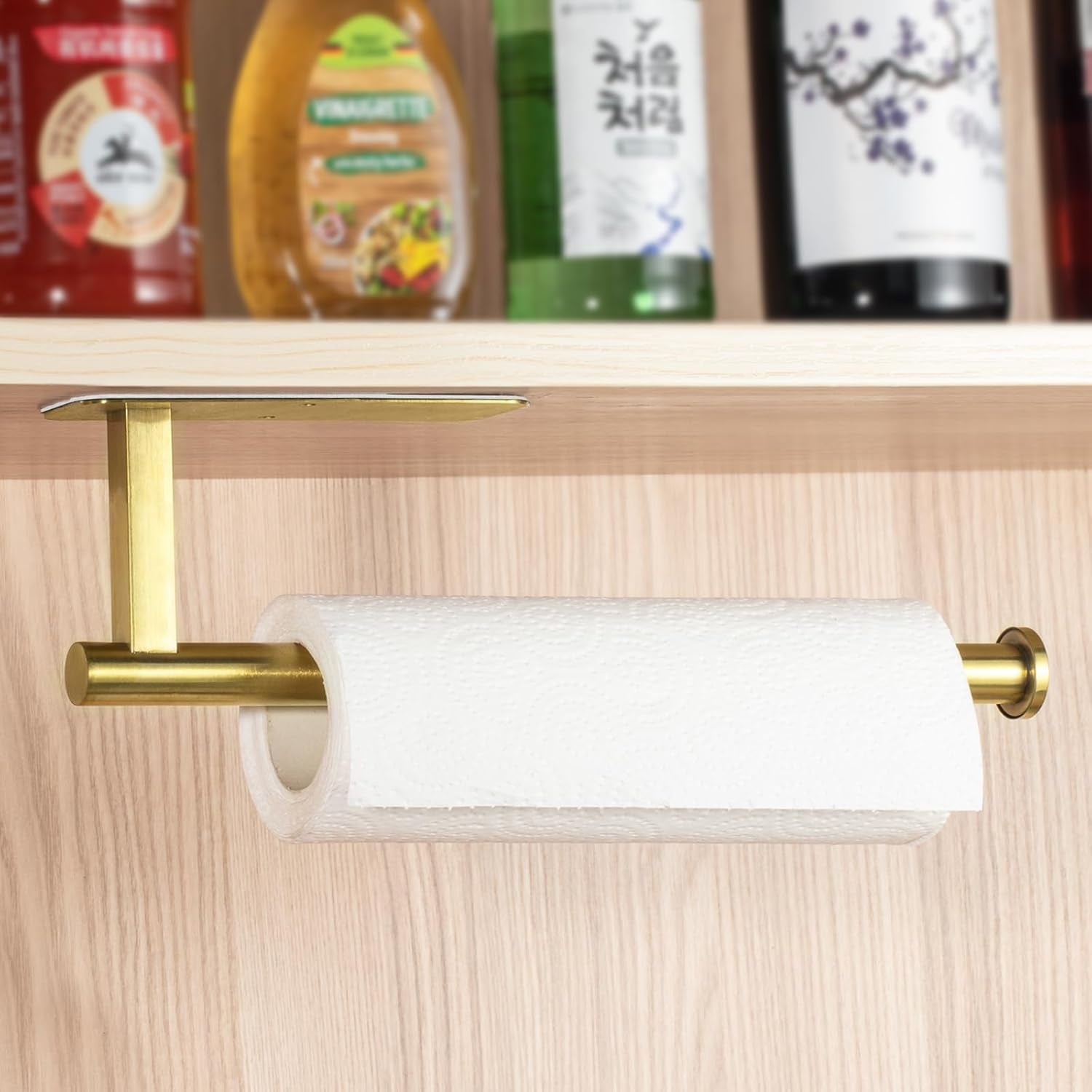 Gold Paper Towel Holder under Cabinet Mount Self Adhesive, Wall Mount Paper Towel Holder Wall Mounted Hanging Towels Holders for Kitchen