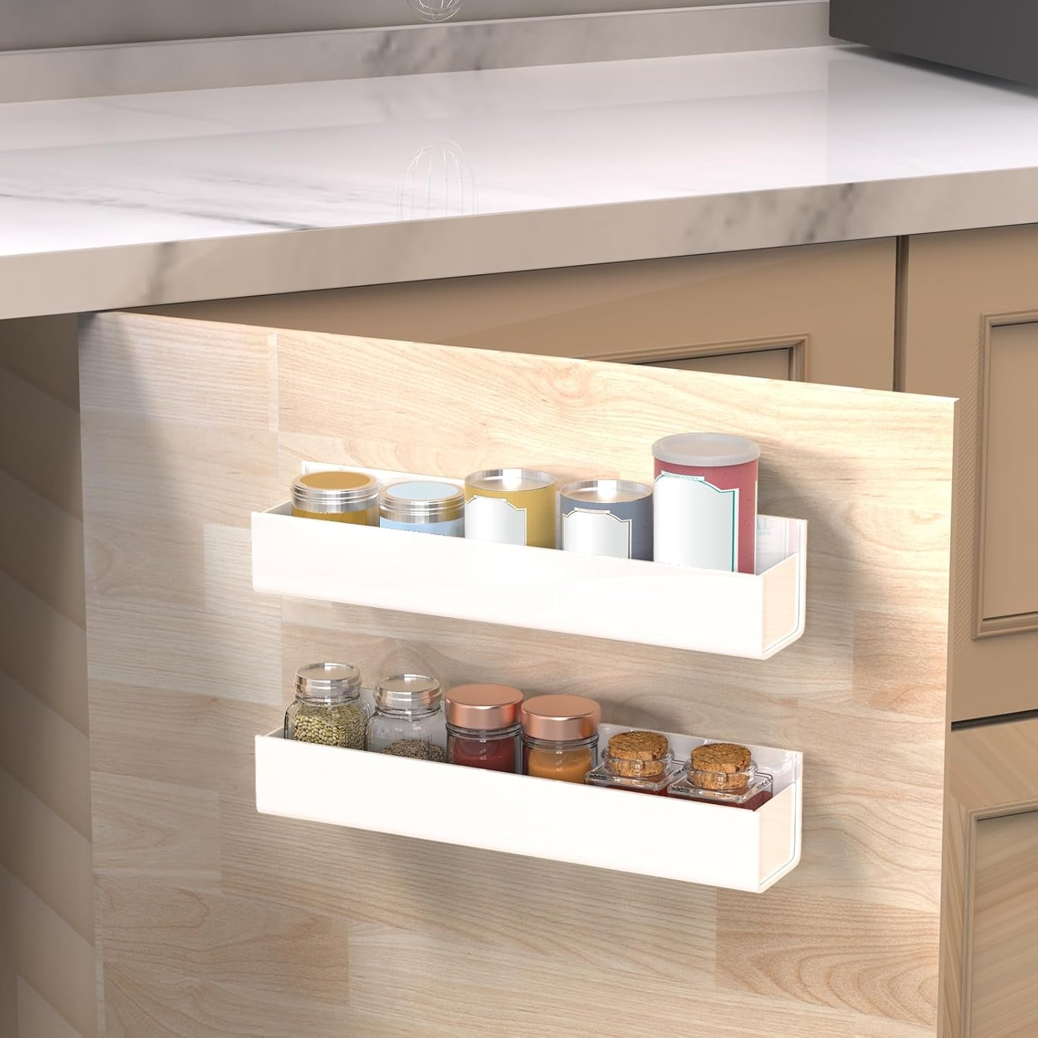 Adhesive Acrylic Spice Rack with Nano Double Sided Tape Wall Mount Organizer Wall Spice Rack with Shelf Ends for Kitchen Cabinet Door - 2 Pack 12'' Shelves (White)