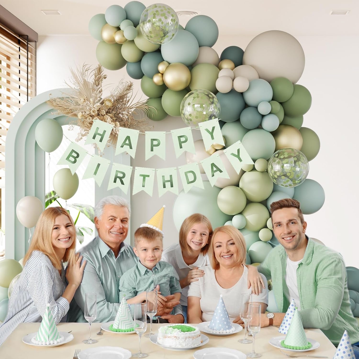 141Pcs Sage Green Balloon Arch Kit, Dusty Blue Balloon Arch Kit with Gold White Sand Pastel Green Confetti Balloons for Boho Birthday Baby Shower Decorations