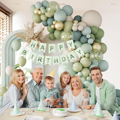 141Pcs Sage Green Balloon Arch Kit, Dusty Blue Balloon Arch Kit with Gold White Sand Pastel Green Confetti Balloons for Boho Birthday Baby Shower Decorations