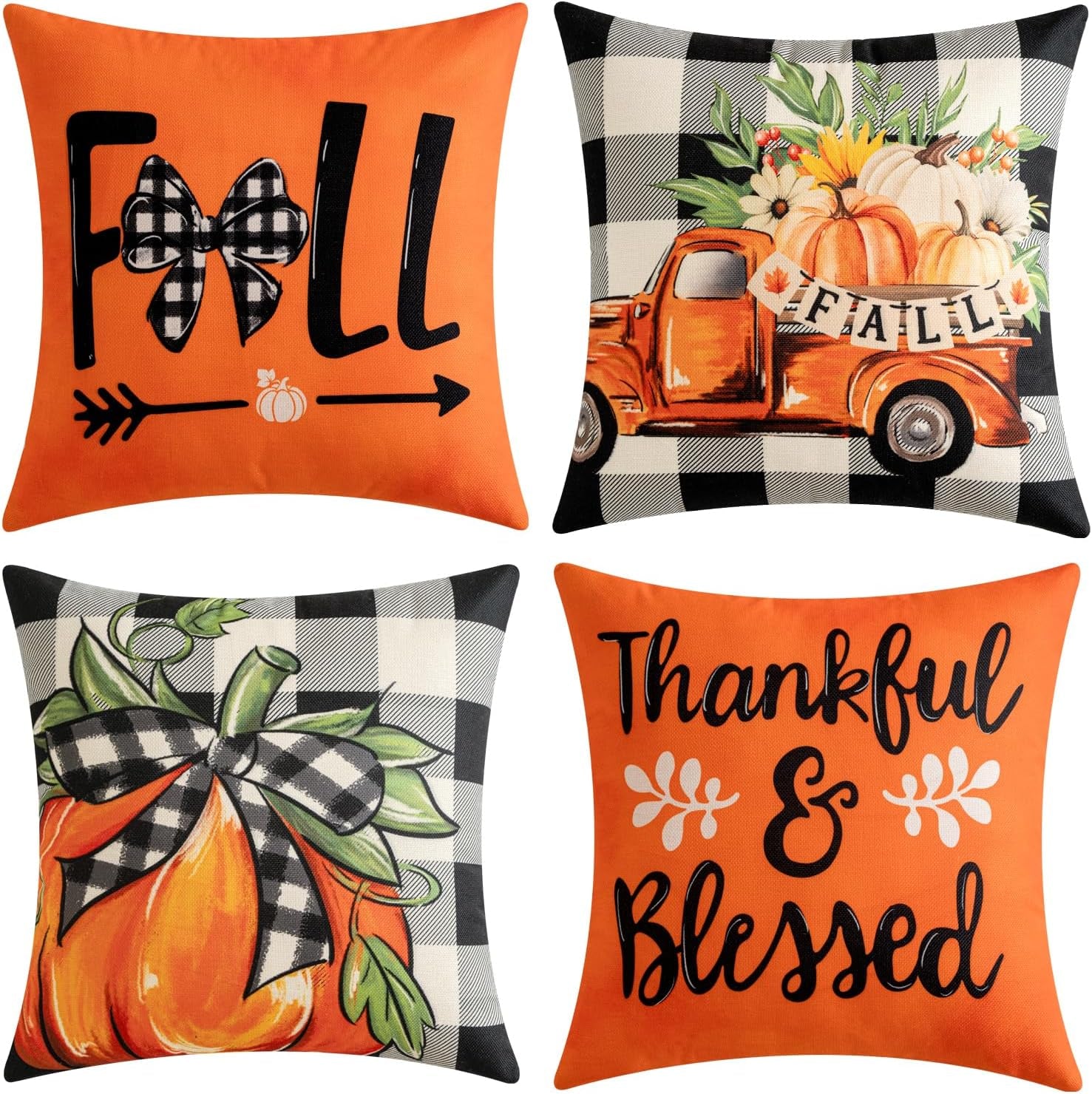 Fall Orange Throw Pillow Covers Buffalo Check Plaid Pumpkin Thanksgiving Harvest Decorations 18X18 Inch Autumn Gather Farmhouse Cushion Cases for Sofa Couch Set of 4