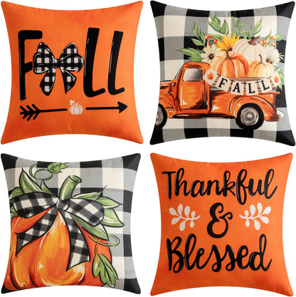 Fall Orange Throw Pillow Covers Buffalo Check Plaid Pumpkin Thanksgiving Harvest Decorations 18X18 Inch Autumn Gather Farmhouse Cushion Cases for Sofa Couch Set of 4