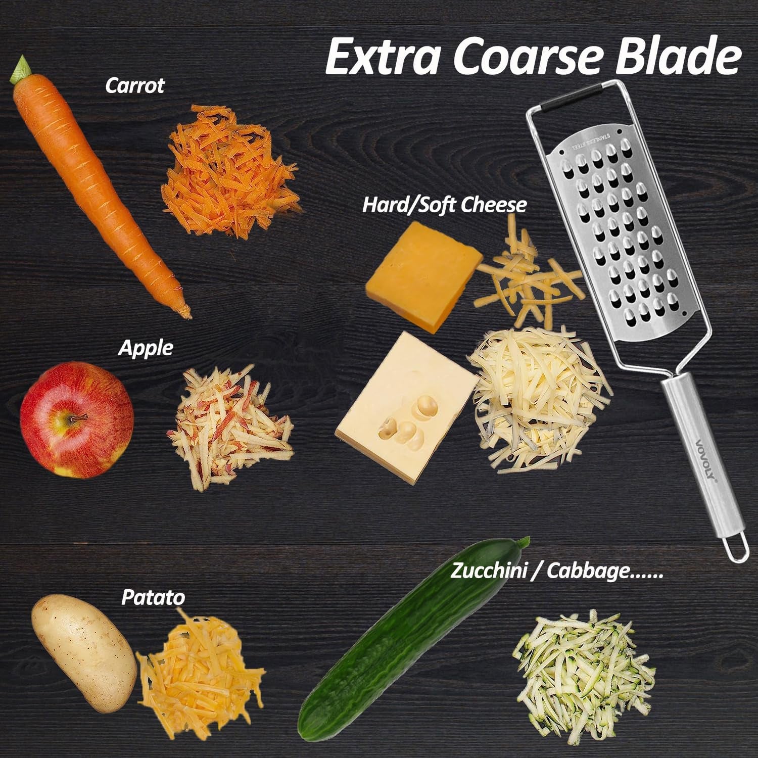 Professional Zester Grater Extra Coarse for Potato, Zucchini, Carrot, Apple, Cabbage and Cheese, Kitchen Grater with Razor-Sharp Stainless Steel Blade (Extra Coarse)
