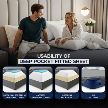 Queen Fitted Sheet Deep Pocket - Extra Deep Pocket Fitted Sheet - Fits up to 21 Inch Mattress - Shrinkage and Fade Resistant - Easy Care - 1 Fitted Sheet Deep Pocket Only (Grey)