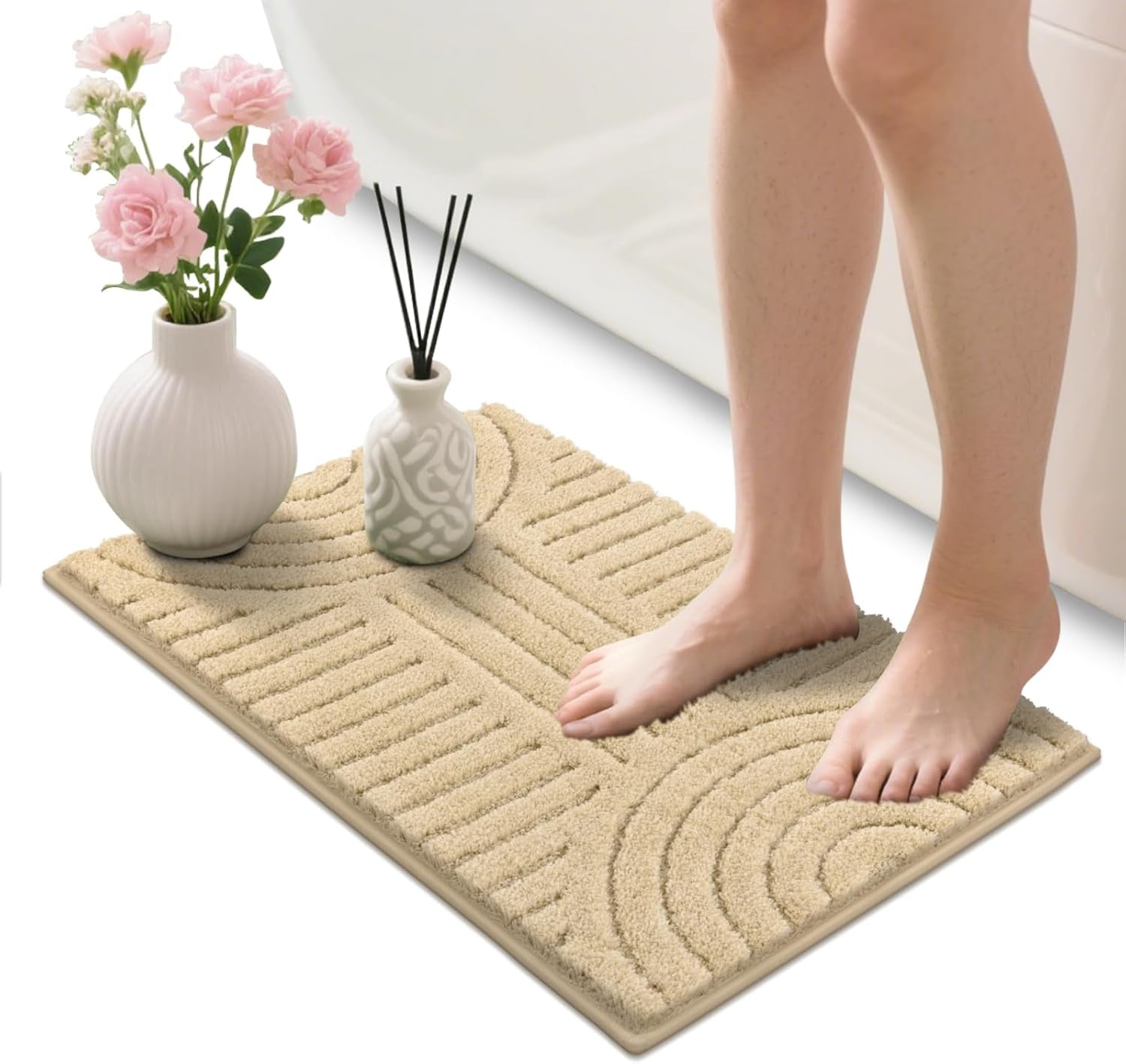 Boho Small Bathroom Rugs 24"X16" Extra Soft Absorbent Microfiber Bath Mats Home Decor Non Slip Bath Rugs Machine Washable Shaggy Carpet for Bath Room Floor Shower Bathtub, Beige 1'4" X 2'