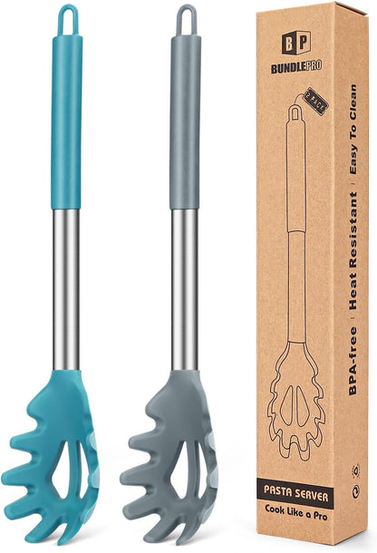Pack of 2 Silicone Pasta Fork, Kitchen Heat Resistant Noodle Spoon Server, BPA Free Spaghetti Strainer, Best Cooking Tools (GRAY-BLUE)