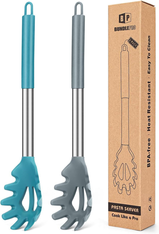 Pack of 2 Silicone Pasta Fork, Kitchen Heat Resistant Noodle Spoon Server, BPA Free Spaghetti Strainer, Best Cooking Tools (GRAY-BLUE)