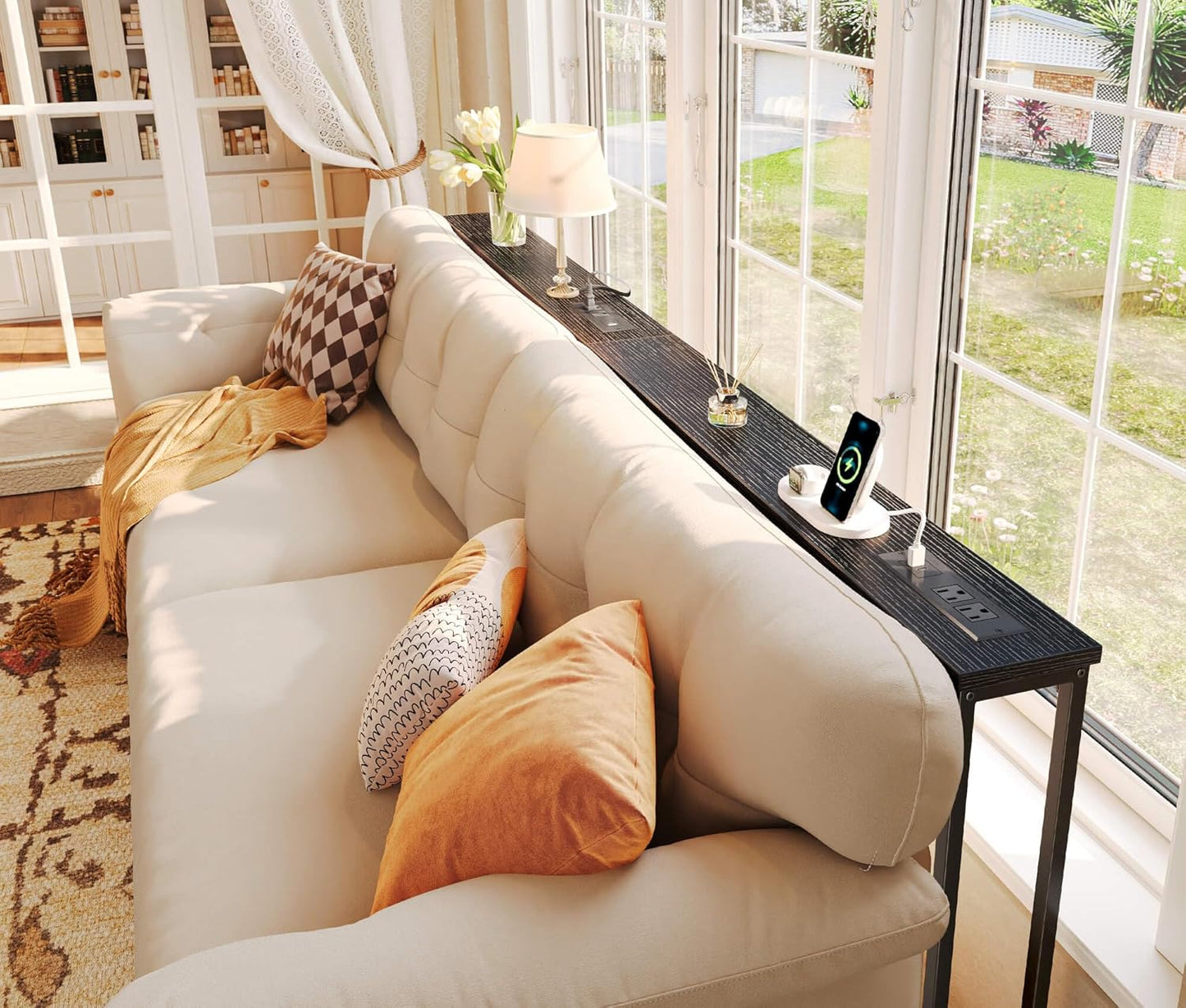 5.9-Inch Narrow Console Table Set with Outlet, 78-Inch Total Length, Behind Couch and Long Entryway Tables with Charging Station for Living Room and Hallway, Black