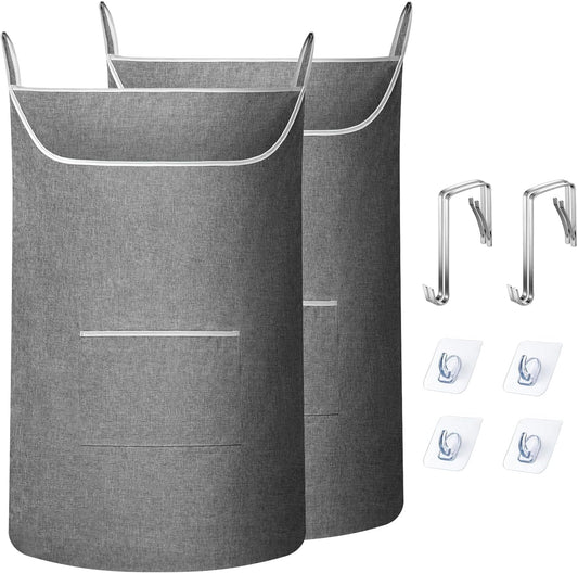 X-Large Door Hanging Laundry Hamper Bag, 2-Pack Large Capacity Storage Solution with Wide Opening, Size 35x22 Inches (Grey)