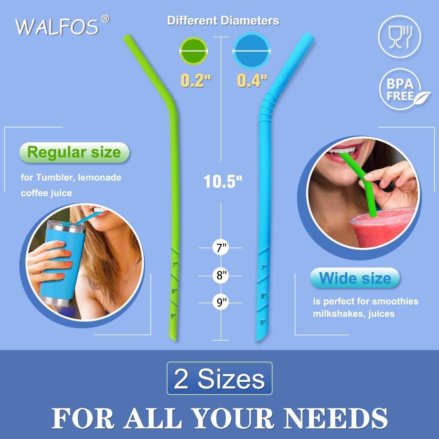 Reusable Silicone Straw - 2 Size Flexible Drinking Bendy Straws for Smoothies/20 & 30 Oz Tumblers, BPA Free (4 Wide Straws + 4 Regular Straw + 2 Cleaning Brushes excluding Storage Bag）
