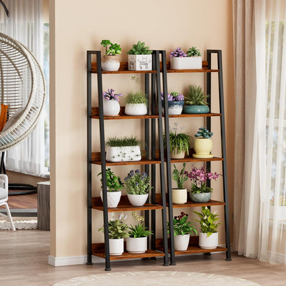 5-Tier Ladder Shelf, Ladder Bookshelf with Removable Drawer, Rustic Bookcase Storage Rack Organizer, Wood Metal Freestanding Storage Shelf for Living Room, Home Office, Bedroom, Balcony