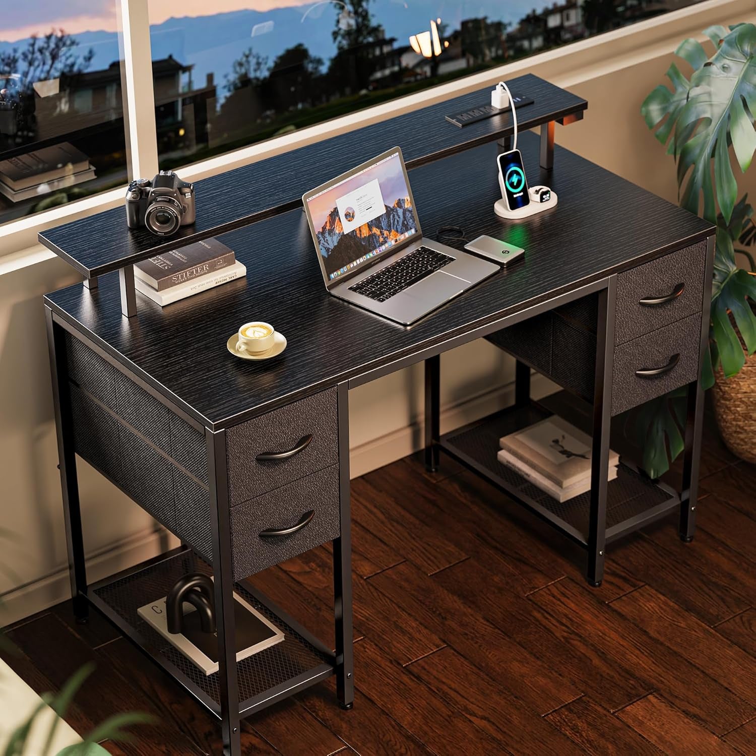 47-Inch Computer Desk with 4 Drawers, LED Lighting, and Power Outlets - Spacious Home Office and Gaming Desk in Black