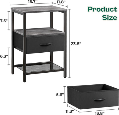 Charcoal Gray Nightstand with Fabric Drawer and Open Mesh Shelf, Metal Frame Side Table for Bedroom and Living Room