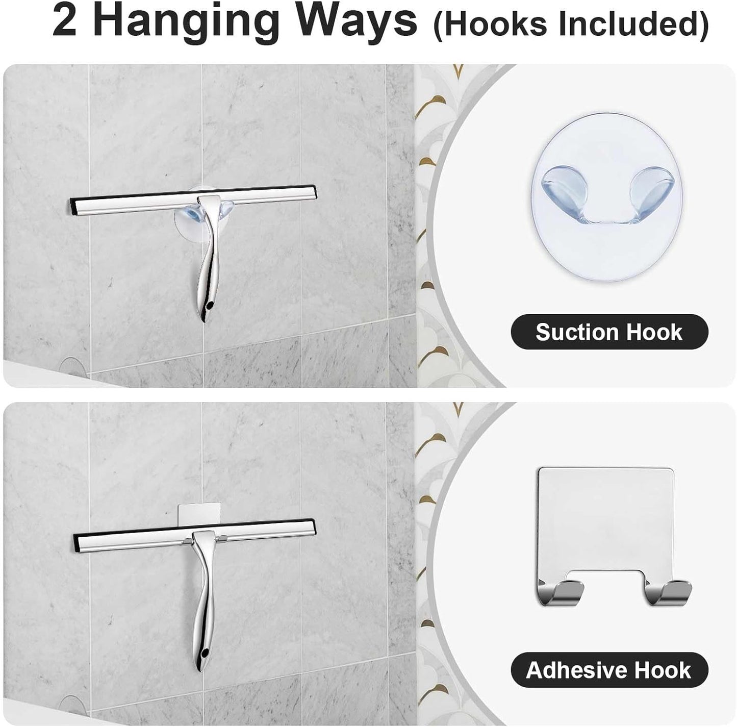 All-Purpose Shower Squeegee for Shower Doors, Bathroom, Window, Glass and Car Windshield, Includes Suction Hook & Adhesive Hook, 18/8 Stainless Steel, 12", Silver