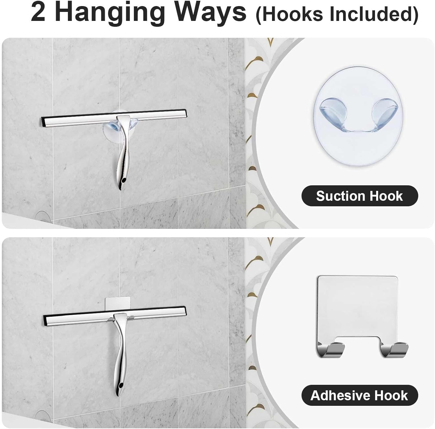 All-Purpose Shower Squeegee for Shower Doors, Bathroom, Window, Glass and Car Windshield, Includes Suction Hook & Adhesive Hook, 18/8 Stainless Steel, 12", Silver