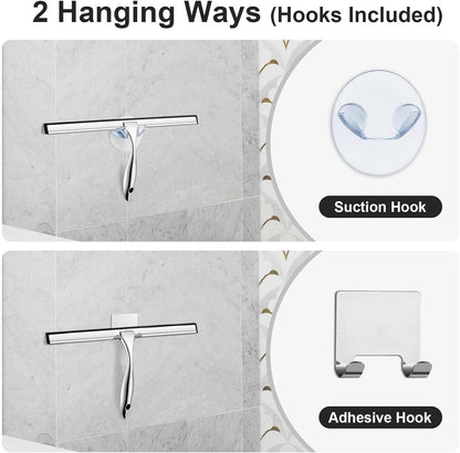 All-Purpose Shower Squeegee for Shower Doors, Bathroom, Window, Glass and Car Windshield, Includes Suction Hook & Adhesive Hook, 18/8 Stainless Steel, 12", Silver