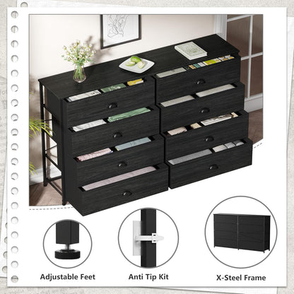 Elegant Wide Dresser with 8 Fabric Drawers and Wood Top for 55'' TV, Versatile Storage Solution for Bedroom, Living Room, Dorm, Closet, and Entryway (Black Oak)