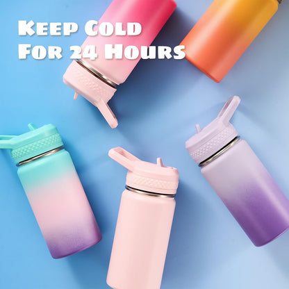 12 Oz Toddler Bottle, Kids Water Bottle for School Boys&Girls with Straws Lids, 304 Stainless Steel Vacuum Insulated Thermos, Bpa-Free, Blue Black + Cherry Blossom