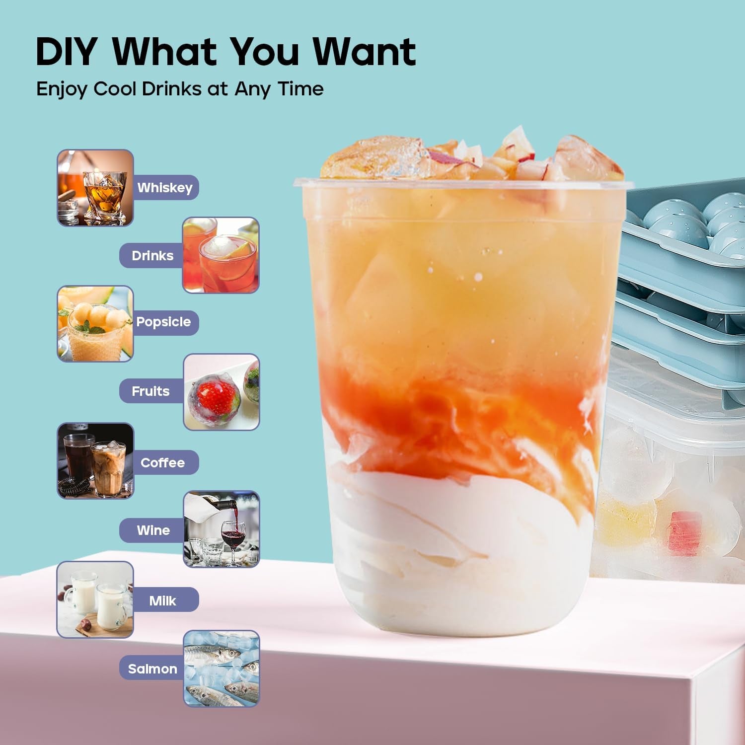 Ice Cube Tray with Lid - 62 round Ice Balls Maker, Bpa-Free, Space-Saving Stackable Ice Molds for Freezer, Easy Release Ice Trays for Cocktails & Drinks