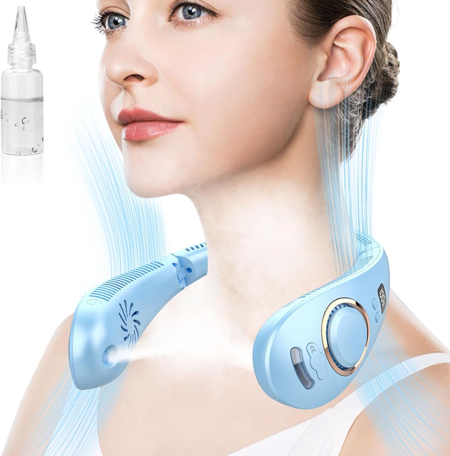 Fan with Water Spray Misting Fan,Neck Fan Rechargeable with LED Display Adjustable Speeds,Foldaway Powerful Soundless Compact Neck Hanging Fans with Water Mist for Travelling outside Blue