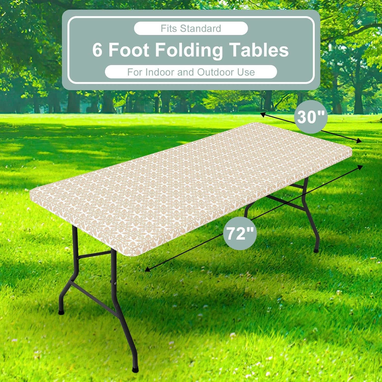 2 Pack 6 Foot Rectangle Picnic Tablecloth, Elastic Fitted Waterproof Table Cover, Windproof Washable Polyester Table Cloth for Camping, Indoor and Outdoor (Khaki, 30" X 72")