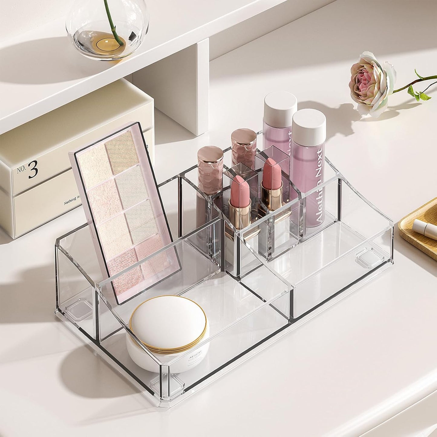 4-Tier Clear Makeup Organizer with Drawer, Acrylic Cosmetic Display Case for Makeup Vanity Bathroom Counter Organizers and Storage, Stackable Vanity Organizer for Brushes Lipsticks Skincare