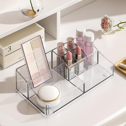 4-Tier Clear Makeup Organizer with Drawer, Acrylic Cosmetic Display Case for Makeup Vanity Bathroom Counter Organizers and Storage, Stackable Vanity Organizer for Brushes Lipsticks Skincare