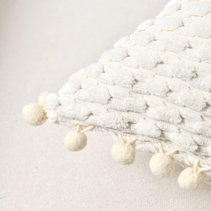 Set of 2 Boho Cream Decorative Throw Pillow Covers 18X18 Inch with Pom-Poms for Couch Bed Sofa, Modern Farmhouse Home Decor, Soft Plush Corduroy Cute Cushion Case 45X45 Cm