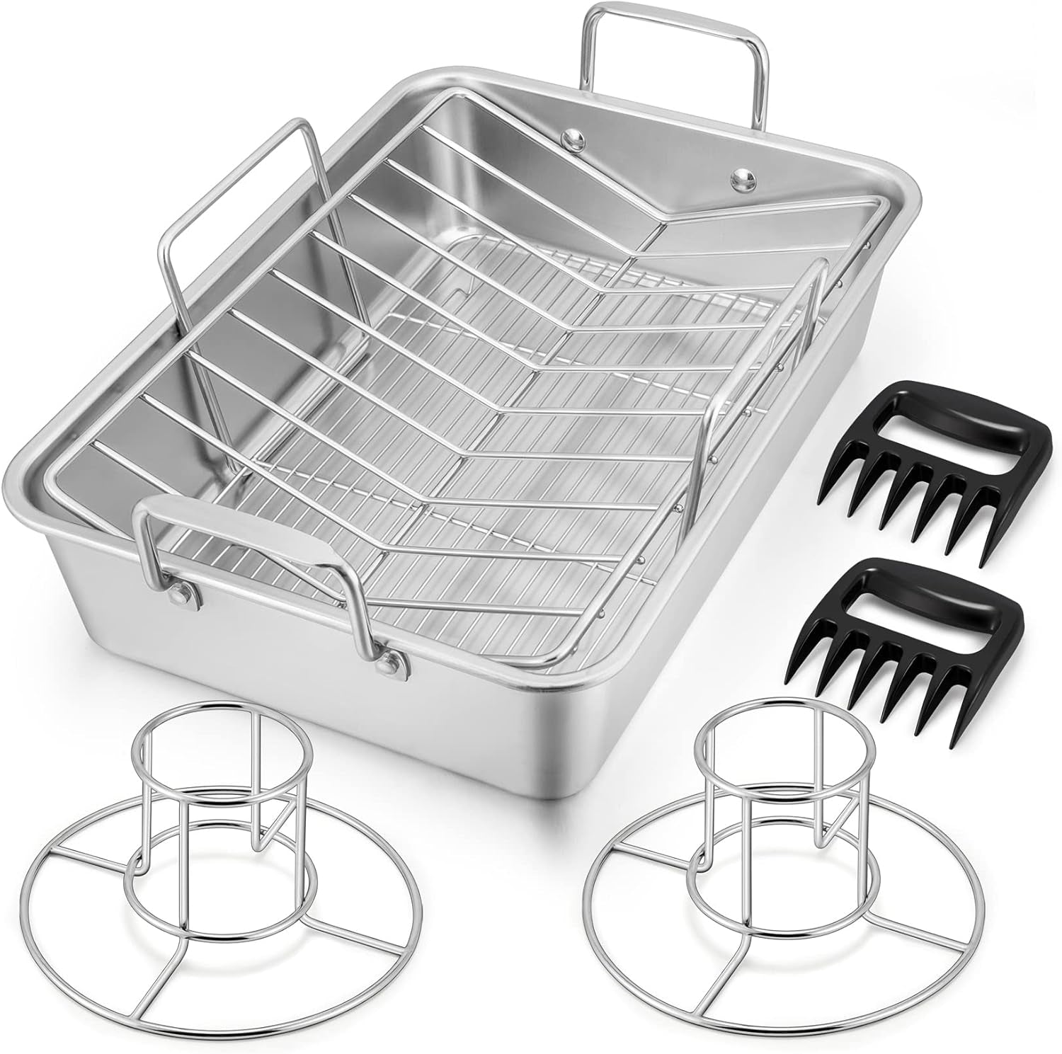 16" Roasting Pan with Rack, 7 PCS  Stainless Steel Roaster Lasagna Pan with Cooling Flat & V-Shaped Baking Rack, Grilling Chicken Holder, Meat Shredding Claws, Dishwasher & Oven Safe