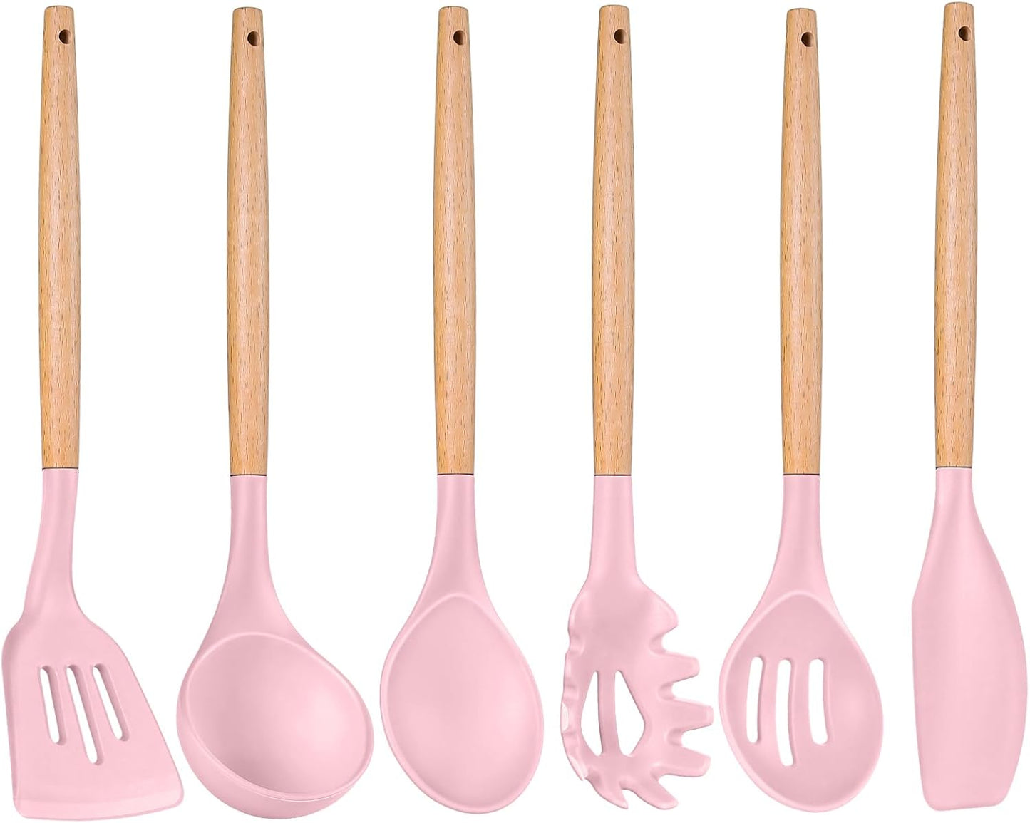 Cooking Utensils Set, 6 PCS Kitchen Utensils with Wooden Handle, Silicone Spatula for Nonstick Cookware, Easy Clean & Non-Toxic, Pink