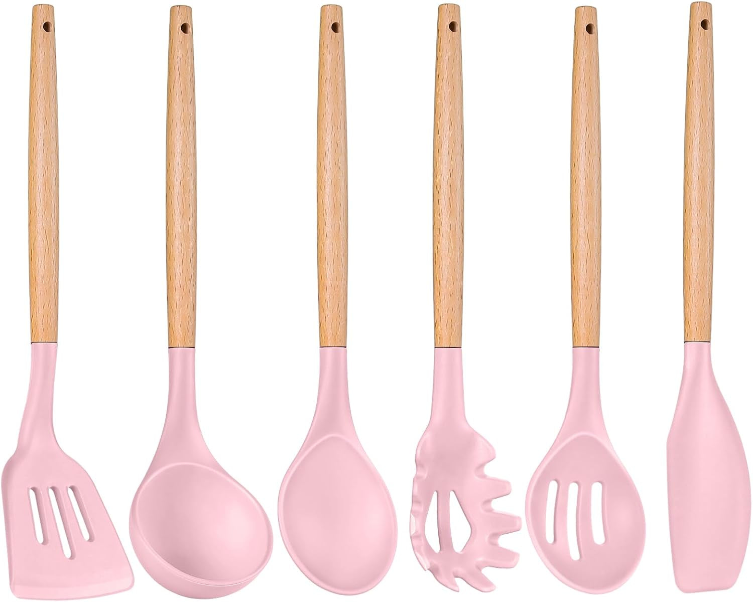 Cooking Utensils Set, 6 PCS Kitchen Utensils with Wooden Handle, Silicone Spatula for Nonstick Cookware, Easy Clean & Non-Toxic, Pink