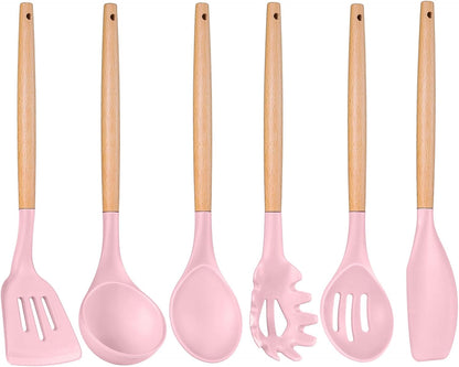 Cooking Utensils Set, 6 PCS Kitchen Utensils with Wooden Handle, Silicone Spatula for Nonstick Cookware, Easy Clean & Non-Toxic, Pink