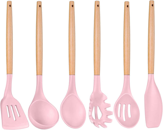 Cooking Utensils Set, 6 PCS Kitchen Utensils with Wooden Handle, Silicone Spatula for Nonstick Cookware, Easy Clean & Non-Toxic, Pink
