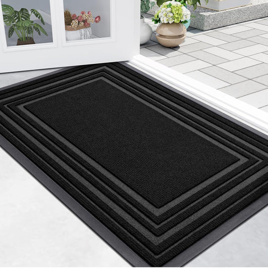 Front Door Mat Indoor Outdoor Entrance, Non-Slip Natural Rubber Doormats, Easy Clean, Low Profile, Dirt Trapper Entryway Floor Mats for Outside, Garages and Patios, 29.5X17, Black