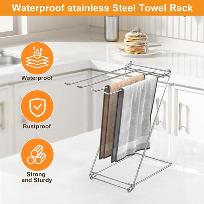 Kitchen Towel Holder Stand, 4-Arm Dish Towel Holder Countertop Towel Drying Rack for Bathroom, Free Standing Hand Towel Stand Washcloth Dish Cloth Drying Rack, Z-Shaped Folding Hanging Towel Bar Stand