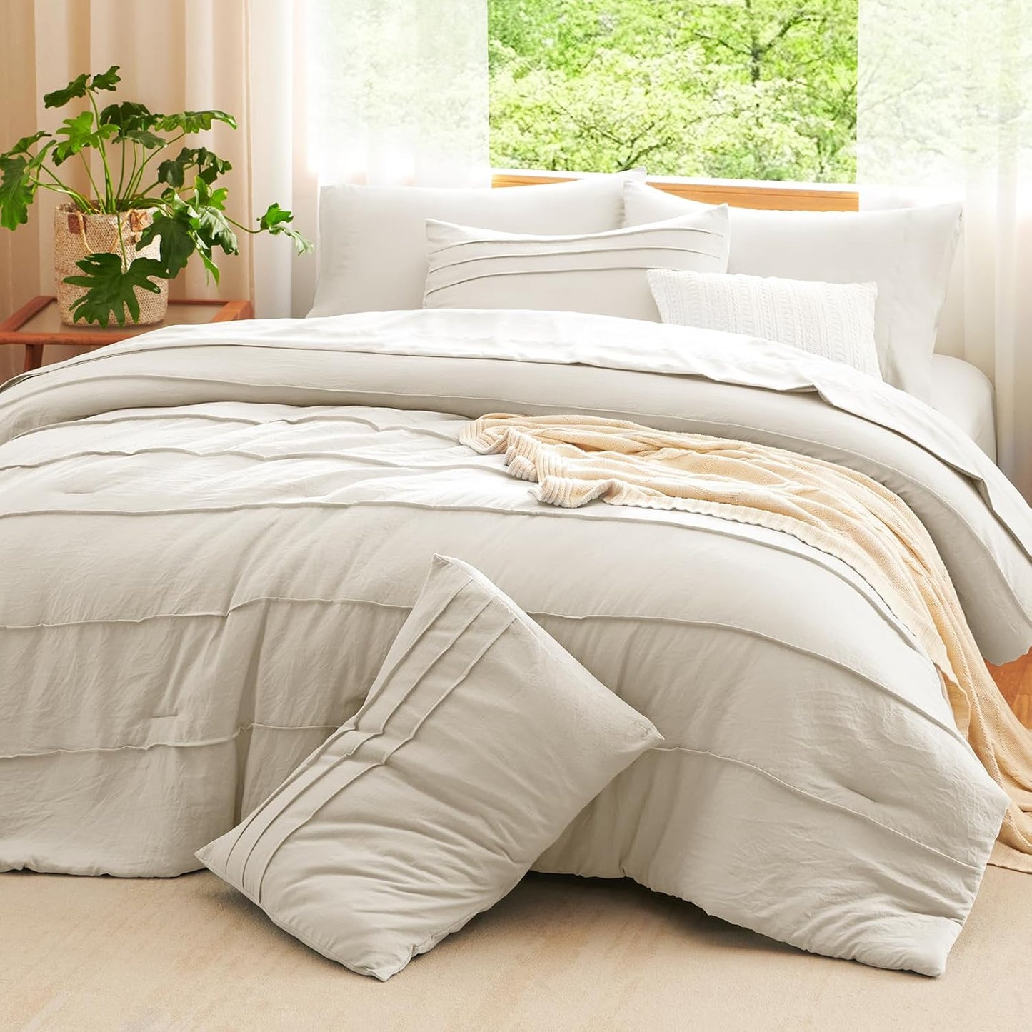 Queen Comforter Set Beige, 7 Pieces Soft Prewashed Pinch Pleat Bed in a Bag Queen Comforter Set with Sheets, Boho Bed Set with down Alternative Comforter, Sheets, Pillowcases & Shams