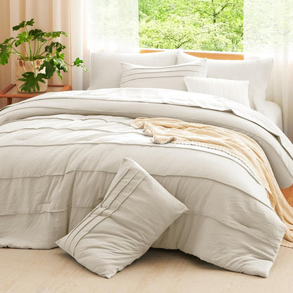 Queen Comforter Set Beige, 7 Pieces Soft Prewashed Pinch Pleat Bed in a Bag Queen Comforter Set with Sheets, Boho Bed Set with down Alternative Comforter, Sheets, Pillowcases & Shams