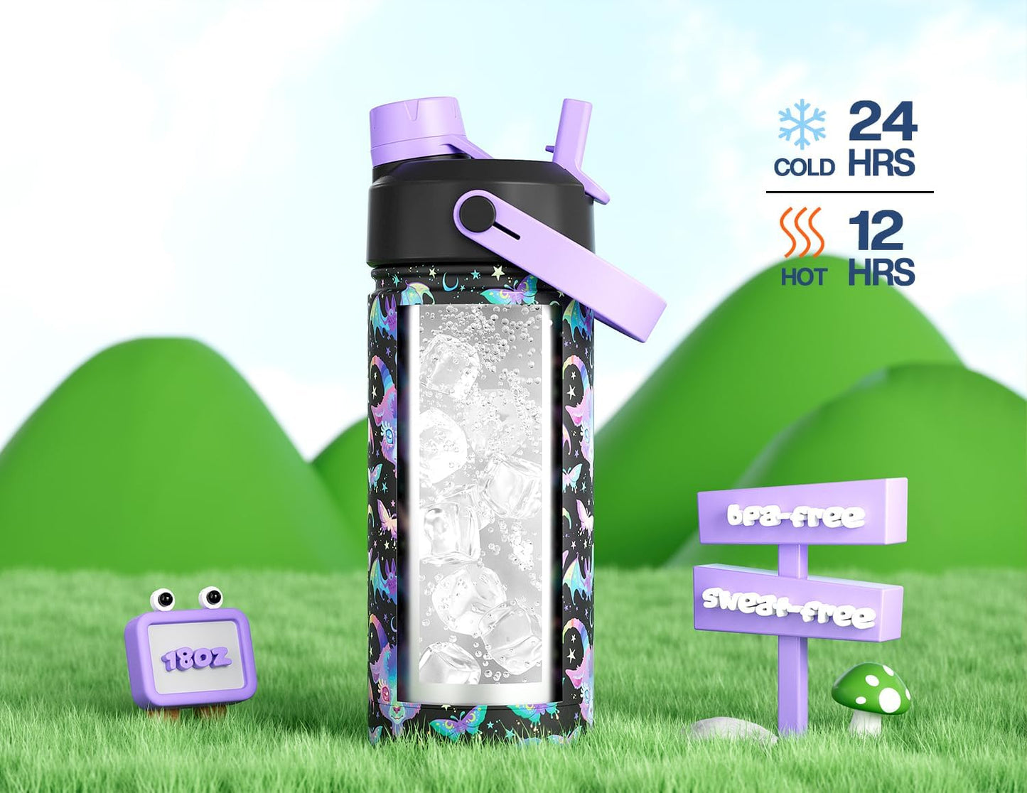 18 Oz Kids Stainless Steel Water Bottle: Spill-Proof, Insulated Cup with Straw Spout Lid, Bpa-Free, Backpack Friendly, Durable, 24H Cold for School, Sports, Camping, Adventures, Gift (Lamb'S Lullaby)