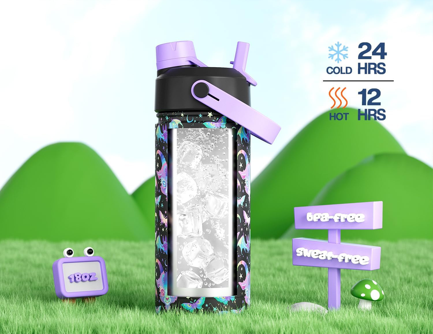 18 Oz Kids Stainless Steel Water Bottle: Spill-Proof, Insulated Cup with Straw Spout Lid, Bpa-Free, Backpack Friendly, Durable, 24H Cold for School, Sports, Camping, Adventures, Gift (Lamb'S Lullaby)