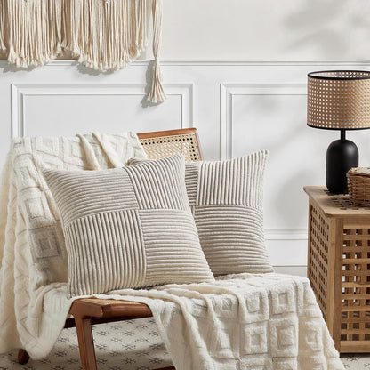 2 Packs Neutral Taupe Decorative Throw Pillow Covers 18X18 Inch for Living Room Couch Sofa, Rustic Farmhouse Boho Home Decor, Soft Corss Corduroy Patchwork Textured Square Cushion Case 45Cm