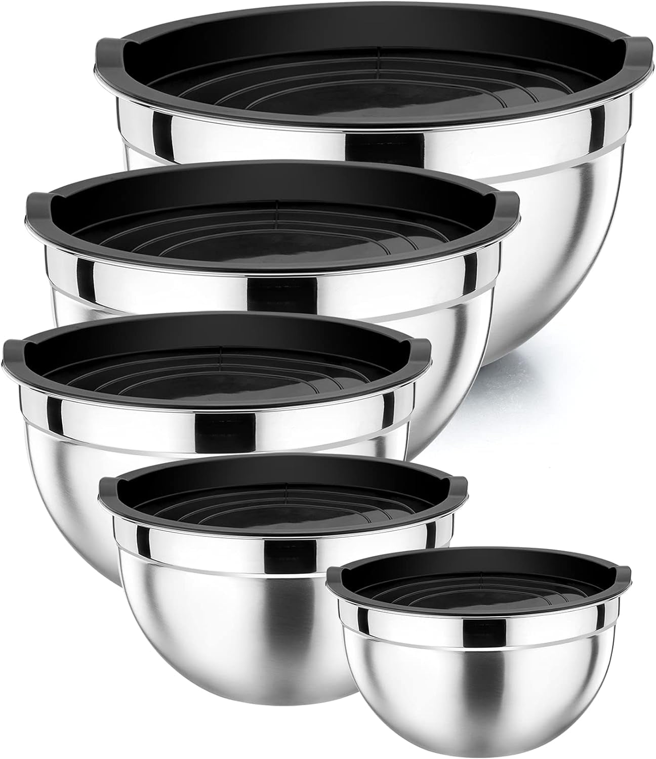 Mixing Bowl with Airtight Lid Set of 5, 10-Piece Stainless Steel Nesting Salad Bowl Set for Prepping, Mixing and Serving, Size 4.6, 3, 1.5, 1, 0.7 QT, Rimmed Edges & Flat Base, Black