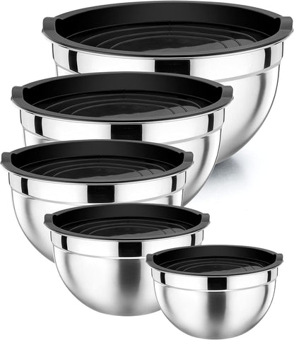 Mixing Bowl with Airtight Lid Set of 5, 10-Piece Stainless Steel Nesting Salad Bowl Set for Prepping, Mixing and Serving, Size 4.6, 3, 1.5, 1, 0.7 QT, Rimmed Edges & Flat Base, Black