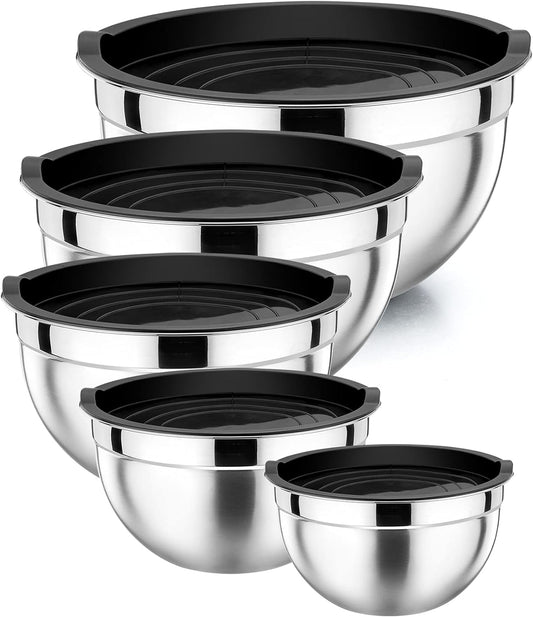 Mixing Bowl with Airtight Lid Set of 5, 10-Piece Stainless Steel Nesting Salad Bowl Set for Prepping, Mixing and Serving, Size 4.6, 3, 1.5, 1, 0.7 QT, Rimmed Edges & Flat Base, Black