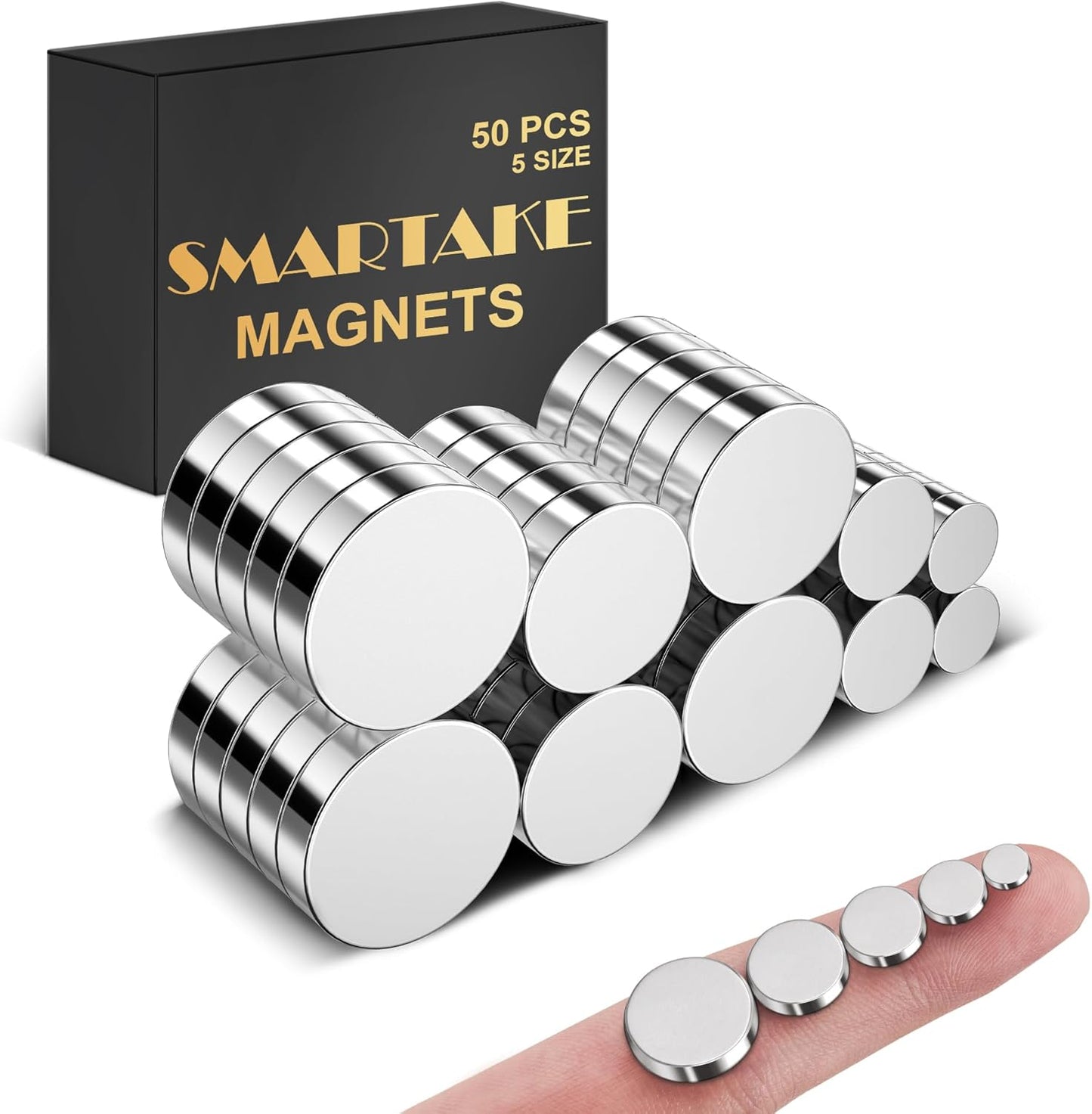50 Pcs Rare Earth Magnets, 5-Size Small round Fridge Magnets, Multi-Use Premium Office Magnet for Fridge, Office, Whiteboard, Crafts, DIY Hobbies, Kitchen, Science(Silver)