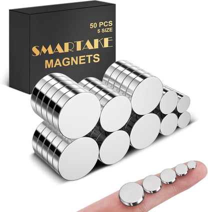 50 Pcs Rare Earth Magnets, 5-Size Small round Fridge Magnets, Multi-Use Premium Office Magnet for Fridge, Office, Whiteboard, Crafts, DIY Hobbies, Kitchen, Science(Silver)