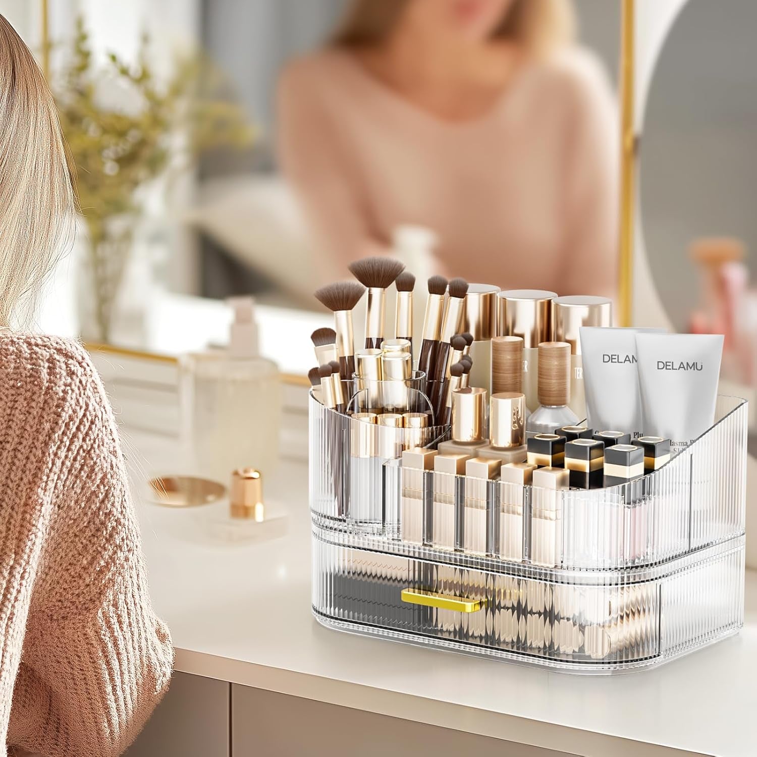 Makeup Organizer for Vanity with Stackable Drawers, 360 Rotating Makeup Brush Holder Large Cosmetic Display Case for Dresser, Bathroom Countertop Skincare Organizers and Storage, Crystal Clear